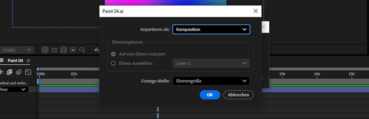 Das Import-Dialogfeld ist geöffnet und die Importart ist auf Komposition eingestellt.