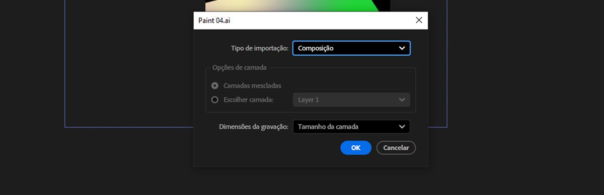 A caixa de diálogo de importação está aberta, com a opção de tipo de importação definida como “Composição”.