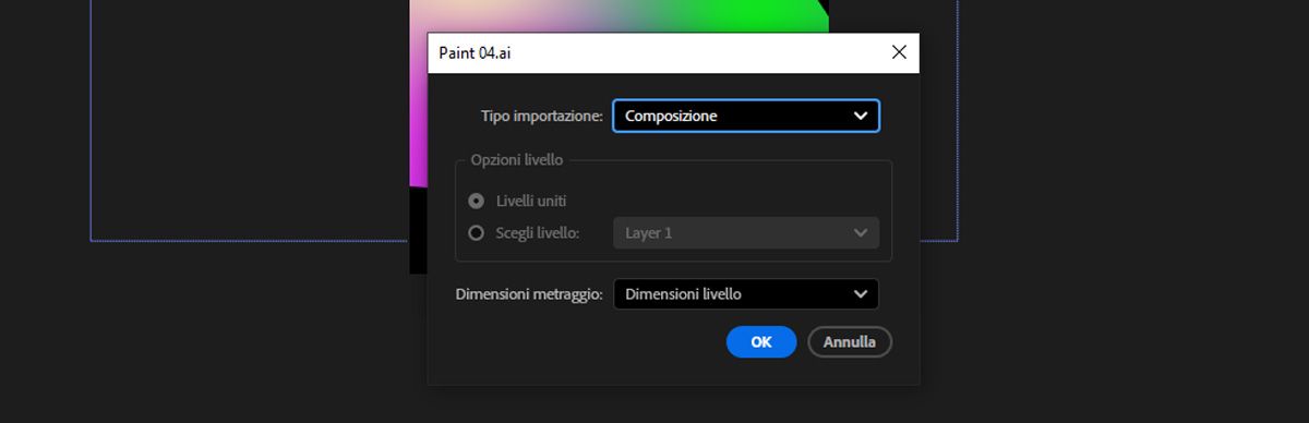 La finestra di dialogo di importazione è aperta e l’opzione del tipo di importazione è impostata su Composizione.