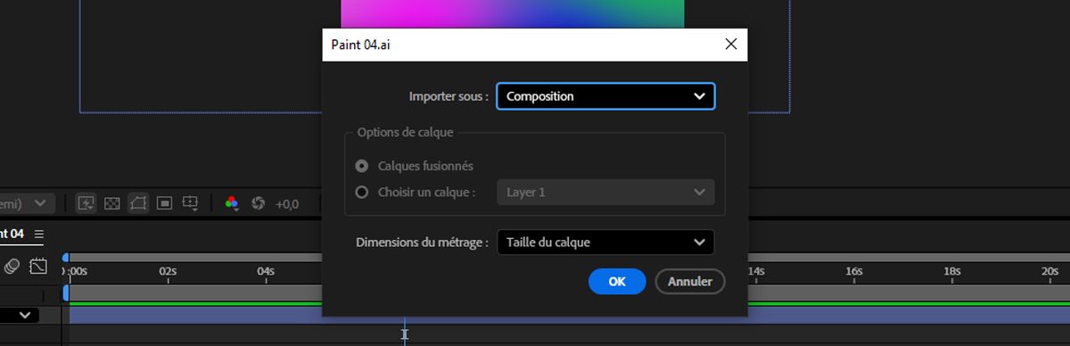 La boîte de dialogue d’importation est ouverte et l’option Type d’importation est définie sur Composition.