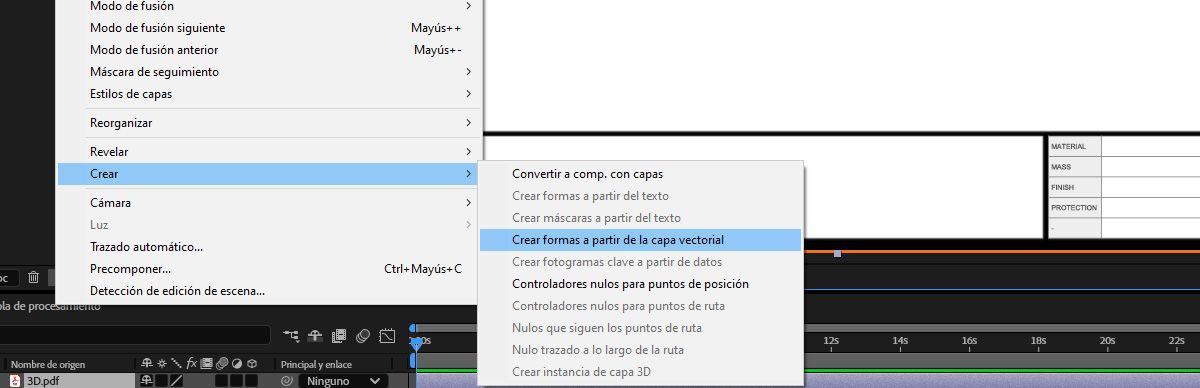 Se selecciona una capa en el panel Línea de tiempo y se selecciona Crear formas a partir de la capa vectorial.