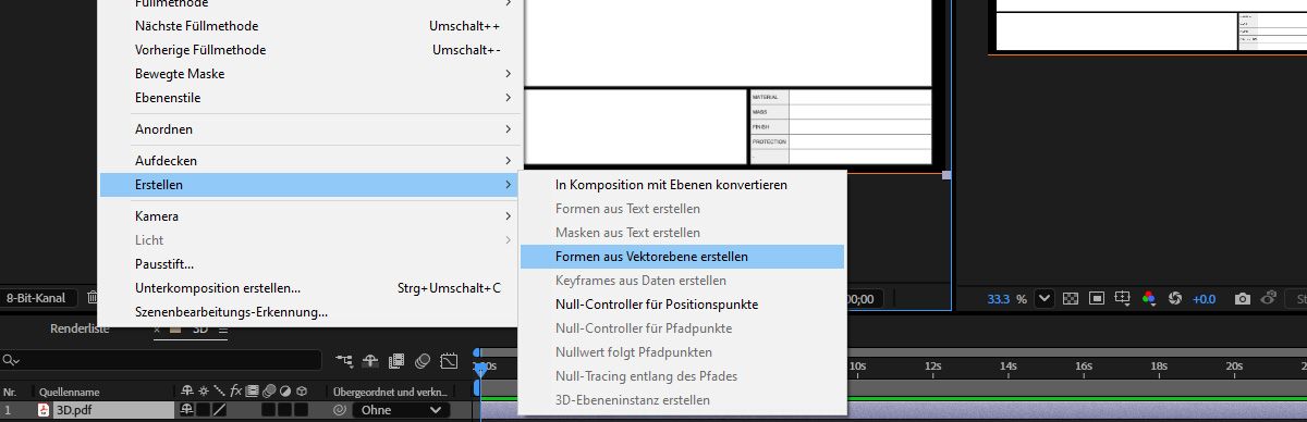 Ausgewählt sind eine Ebene im Bedienfeld „Zeitleiste“ und „Formen aus Vektorebene erstellen“.