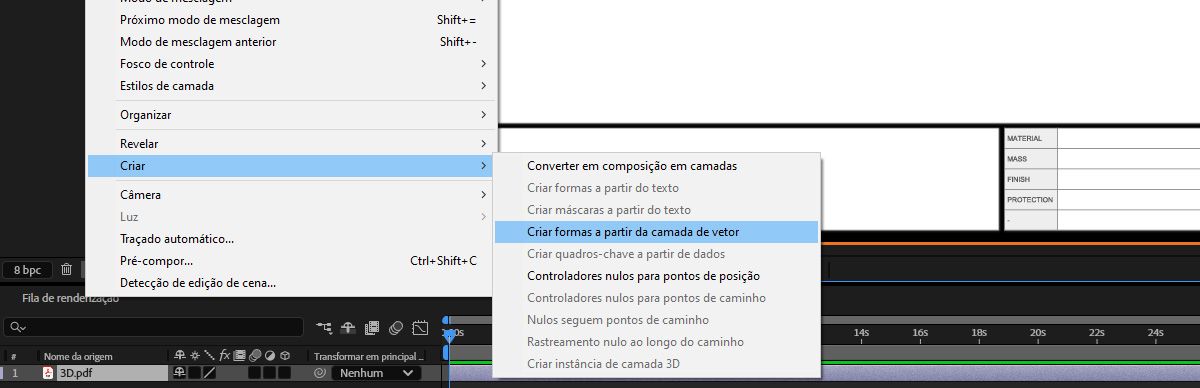 Uma camada está selecionada no painel “Linha do tempo”, com a função “Criar formas a partir da camada vetorial” selecionada.
