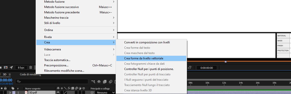 Un livello è selezionato nel pannello Timeline e Crea forme da livello vettoriale è selezionato.