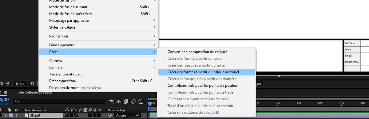 Un calque est sélectionné dans le panneau Montage et l’option Créer des formes à partir d’un calque vectoriel est sélectionnée.