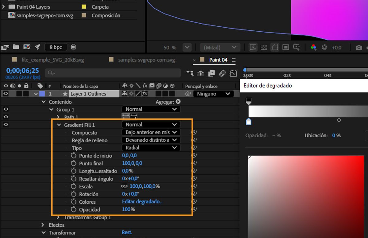 Se selecciona una de las capas con un elemento degradado y se resalta Relleno degradado 1.