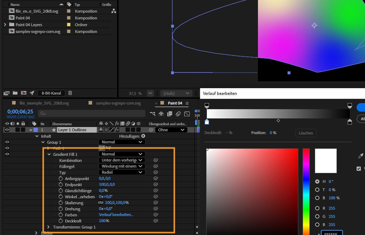Eine der Ebenen mit einem Verlaufselement ist ausgewählt und Verlaufsfüllung „1“ ist hervorgehoben.