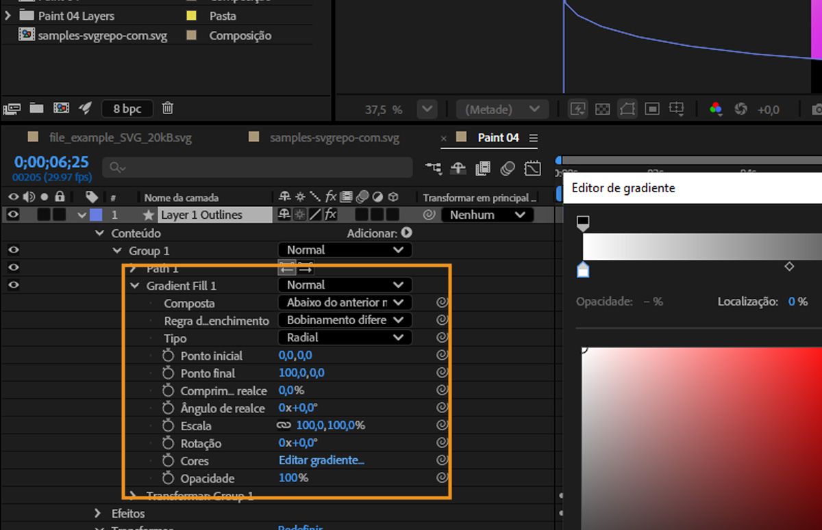 Uma das camadas com um elemento gradiente está selecionada, e Preenchimento Gradiente 1 está destacado.