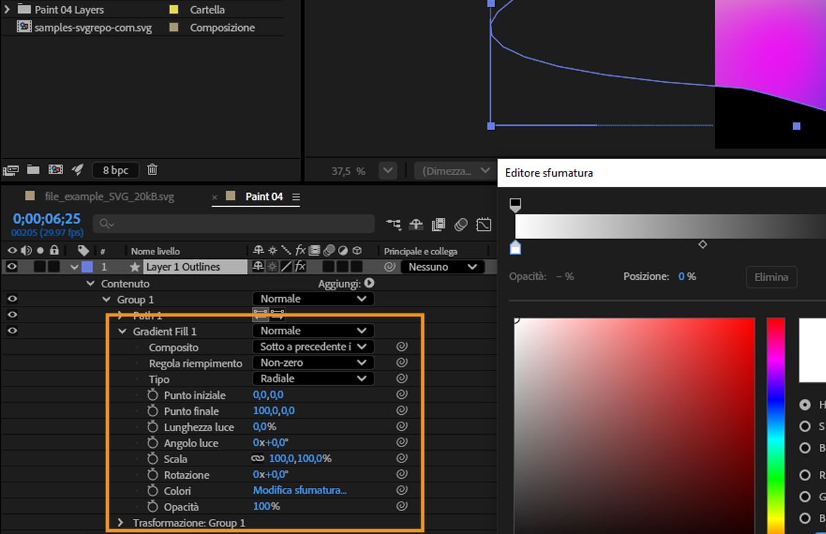 Uno dei livelli con un elemento sfumatura è selezionato e Riempimento sfumatura 1 è evidenziato.