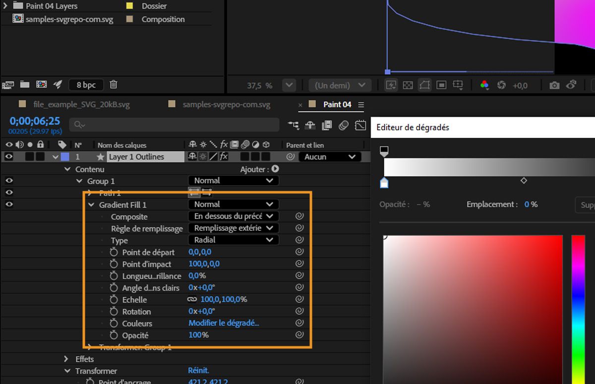 Un des calques avec un élément en dégradé est sélectionné, et Fond en dégradé 1 est mis en surbrillance.