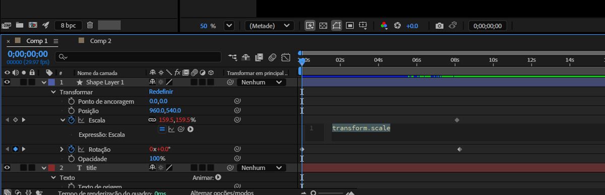  A propriedade Escala aberta em uma camada e a expressão ativa realçada em vermelho.