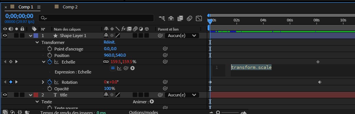  La propriété Échelle est ouverte pour un calque et l’expression active est en rouge.