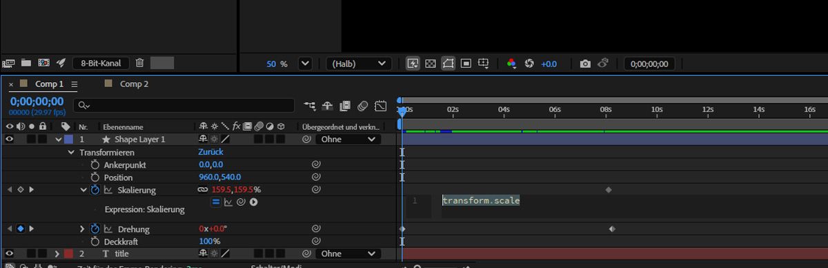  Die Eigenschaft „Skalierung“ ist für eine Ebene geöffnet und die aktive Expression ist rot hervorgehoben.