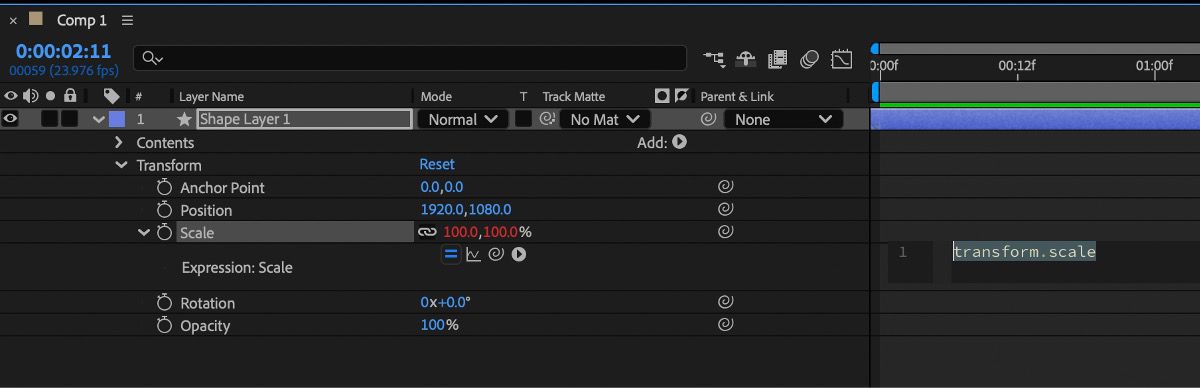  The Scale property is open for a layer and active expression is highlighted in red.