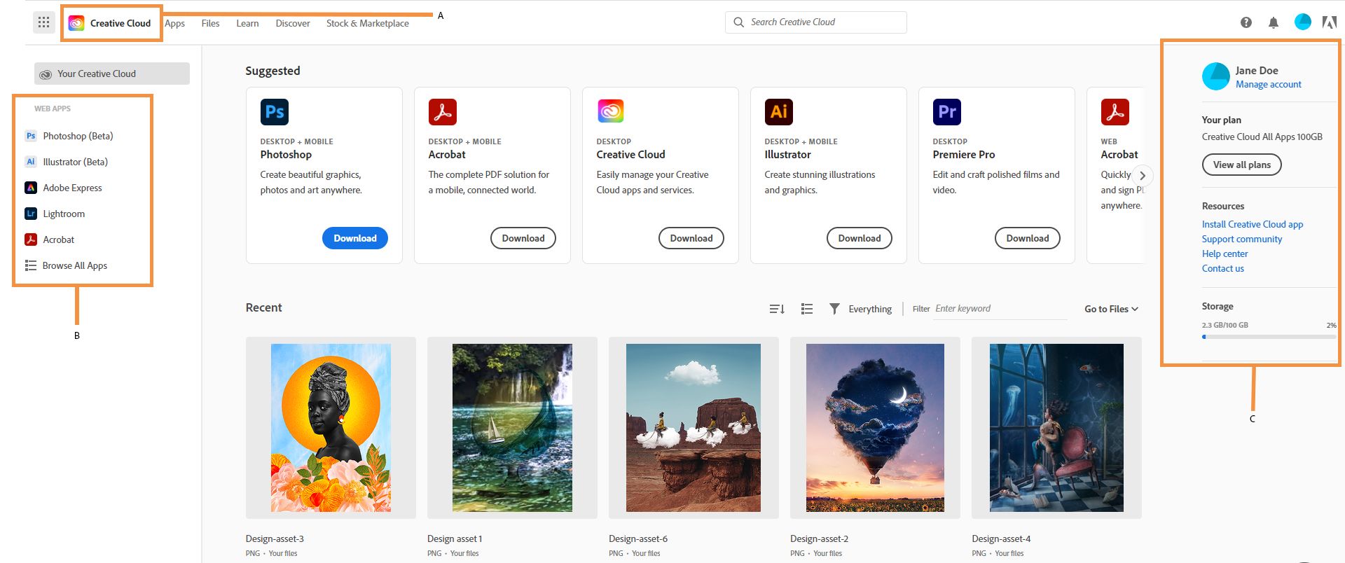 Écran d’accueil du site web de Creative Cloud