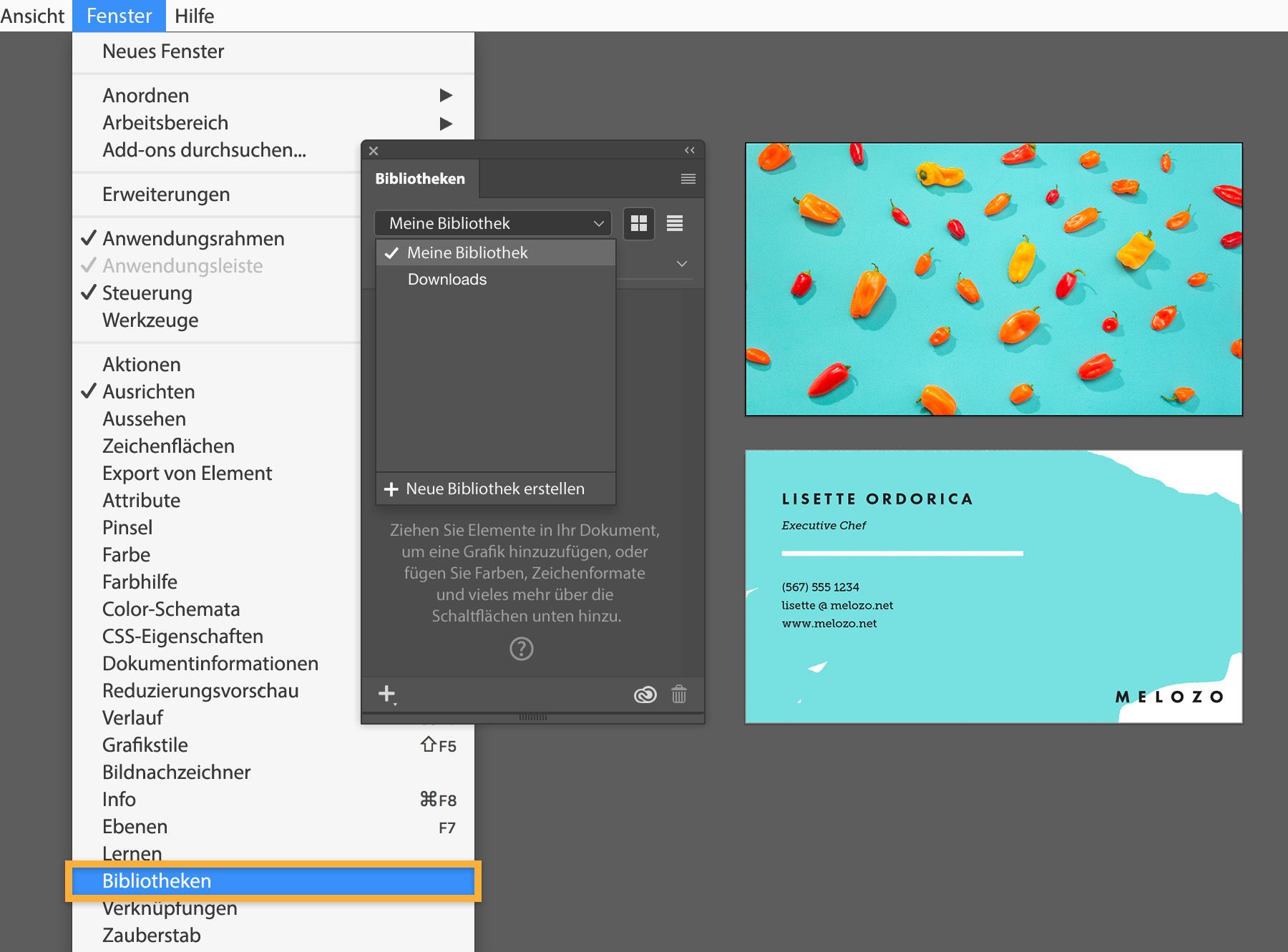 Wähle „Fenster > Bibliotheken“ (bzw. „CC-Bibliotheken“), um Inhalte zu Creative Cloud-Bibliotheken hinzuzufügen.