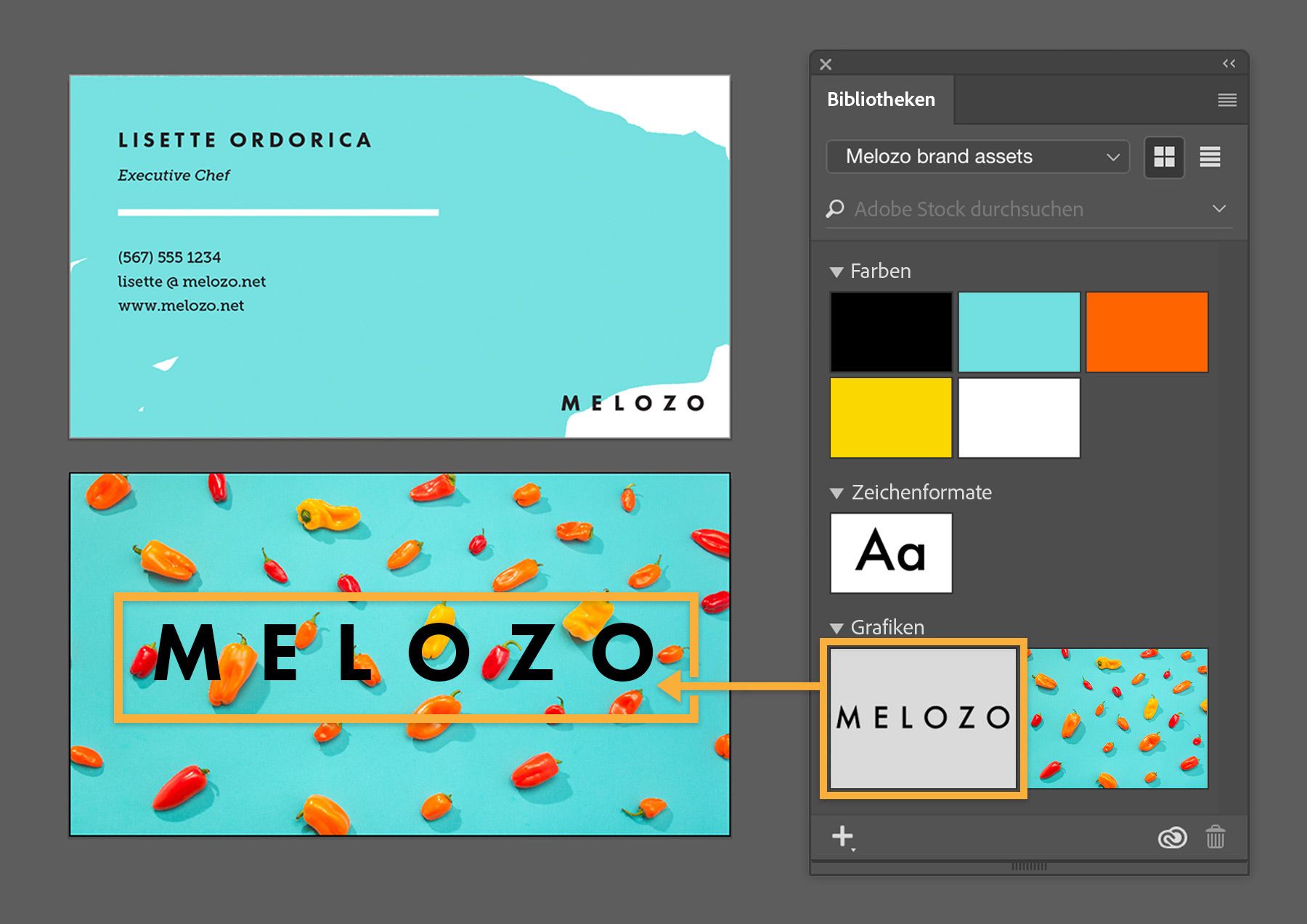 Farben, Grafiken und Zeichenformate werden vom Bedienfeld für Bibliotheken direkt in ein Adobe-Dokument gezogen.