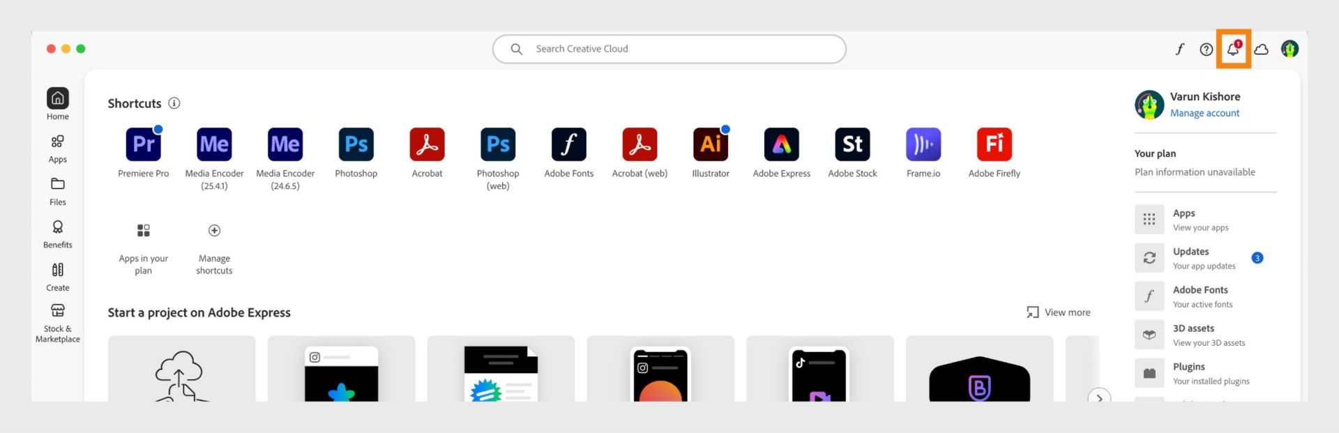 Creative Cloud datora lietotnes sākuma ekrānā tiek parādīta paziņojumu ikona. Jauni paziņojumi ir apzīmēti ar sarkanu punktu zvaniņa/paziņojuma ikonas augšpusē.