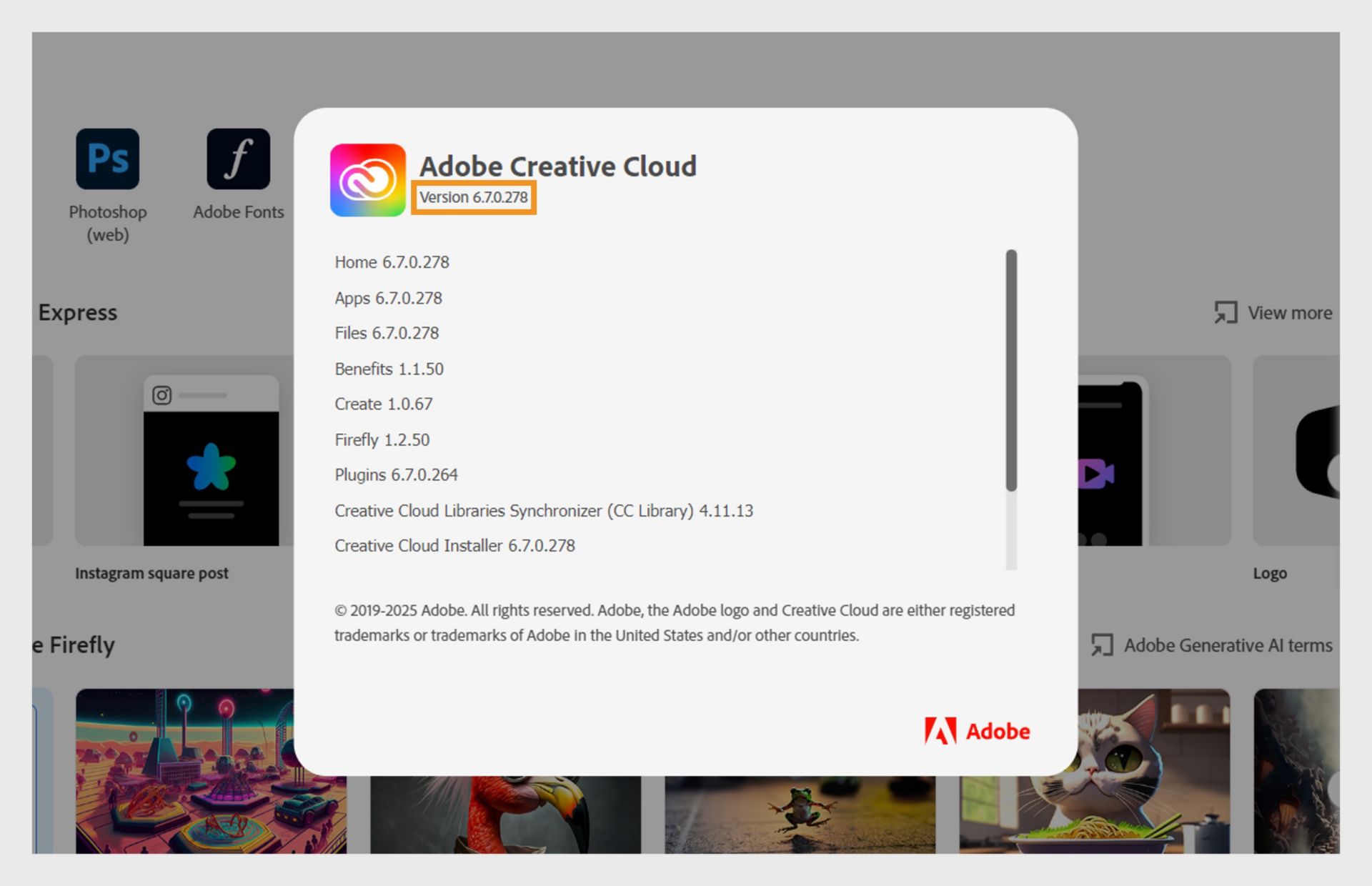 Informačné okno Adobe Creative Cloud zobrazuje podrobnosti o verzii aplikácie vrátane verzií modulov ako Domov, Aplikácie, Súbory, Vytvoriť, Firefly, Discover a Doplnky.