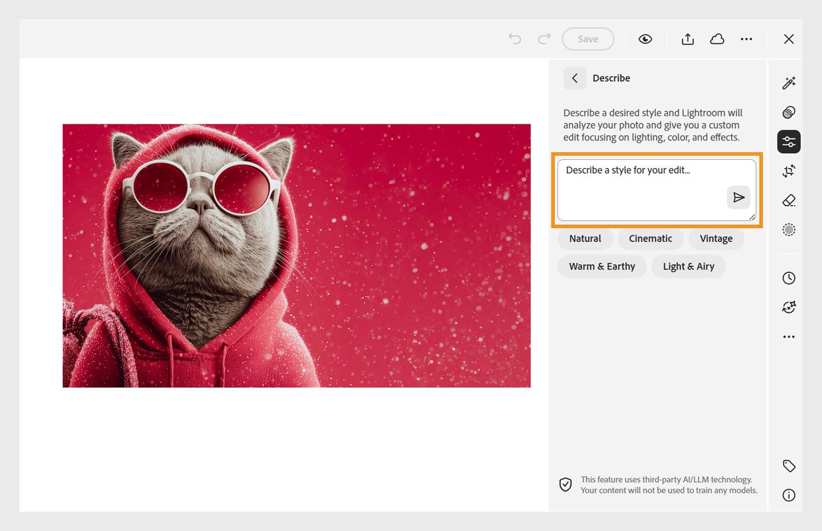 Describe panel showing highlighted prompt generation field with other creative edit suggestions.