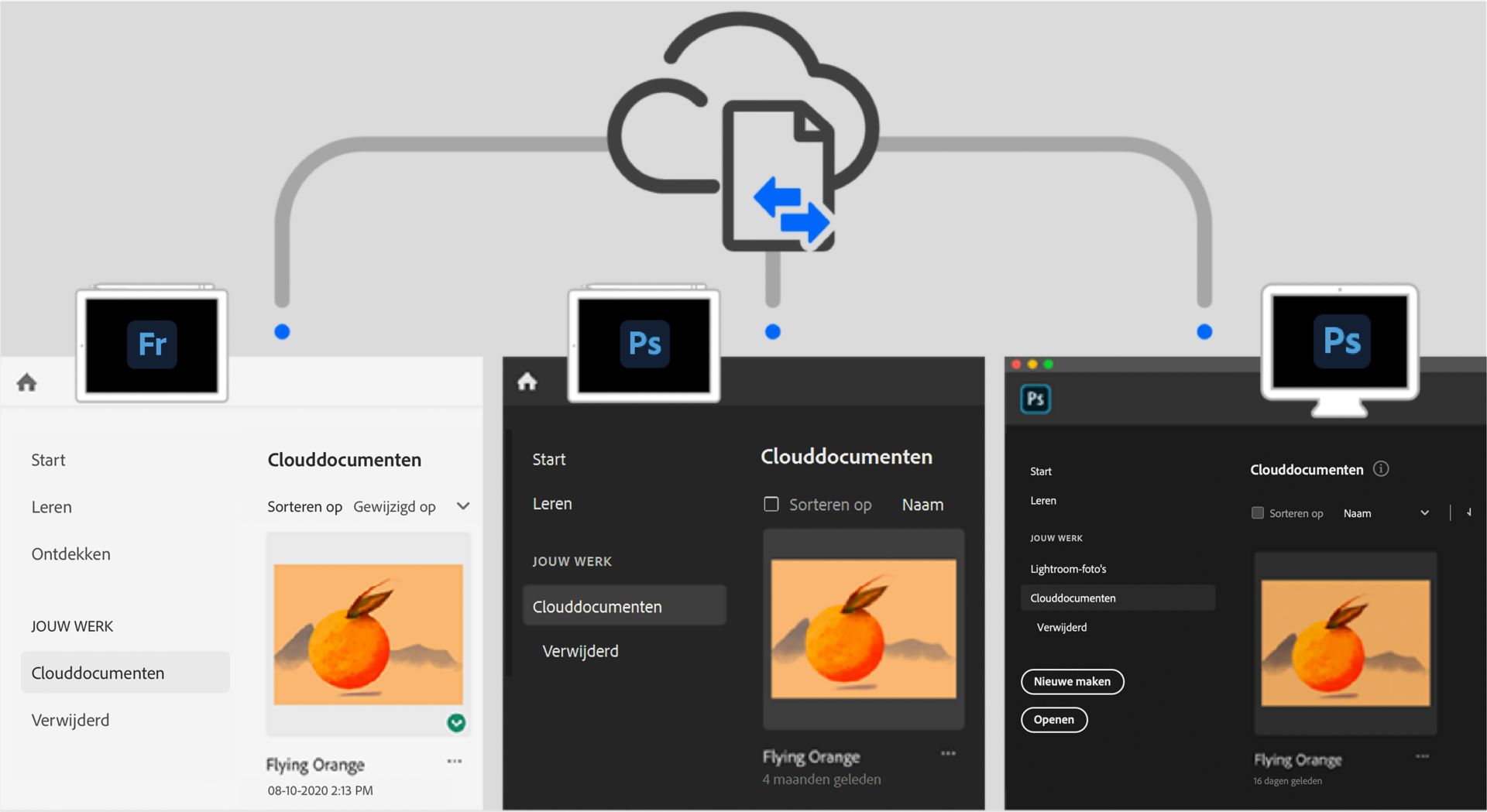 Dezelfde illustratie verschijnt in Clouddocumenten in drie apps