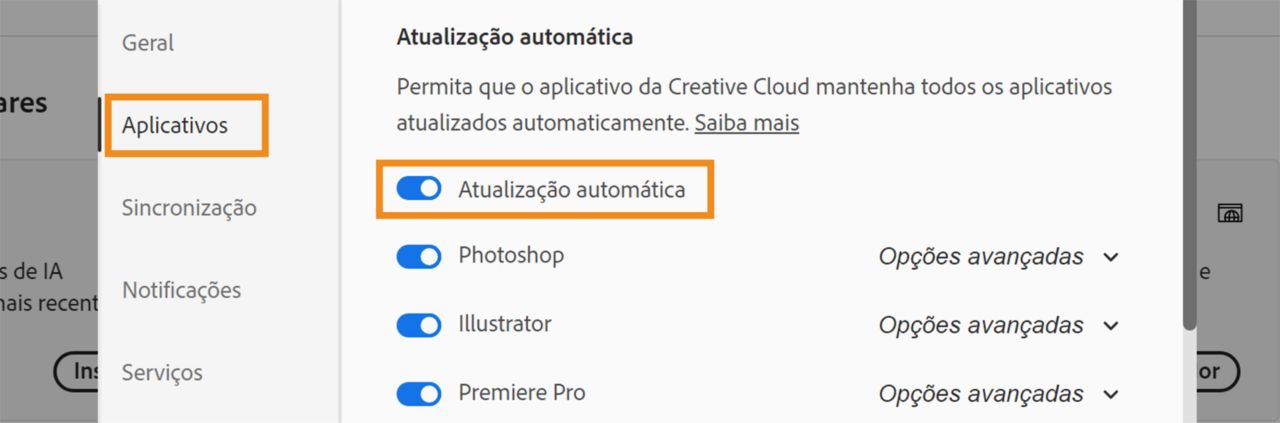 A caixa de diálogo Preferências é aberta com as opções Aplicativos e Atualização automática destacadas.  Ative a opção de atualização automática para atualizar automaticamente seu aplicativo Beta.