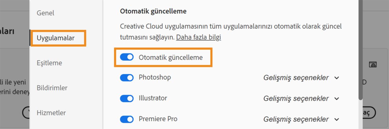 Tercihler iletişim kutusu, Uygulamalar ve Otomatik güncelleme seçenekleri vurgulanmış şekilde açılır.  Beta uygulamalarınızı otomatik olarak güncellemek için otomatik güncelleme seçeneğini etkinleştirin.