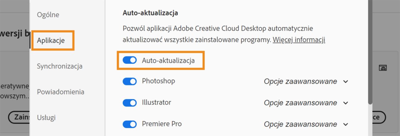 Otworzy się okno dialogowe Preferencje z podświetlonymi opcjami Aplikacje i Automatyczna aktualizacja.  Włącz opcję automatycznej aktualizacji, aby automatycznie instalować aktualizacje aplikacji w wersji Beta.