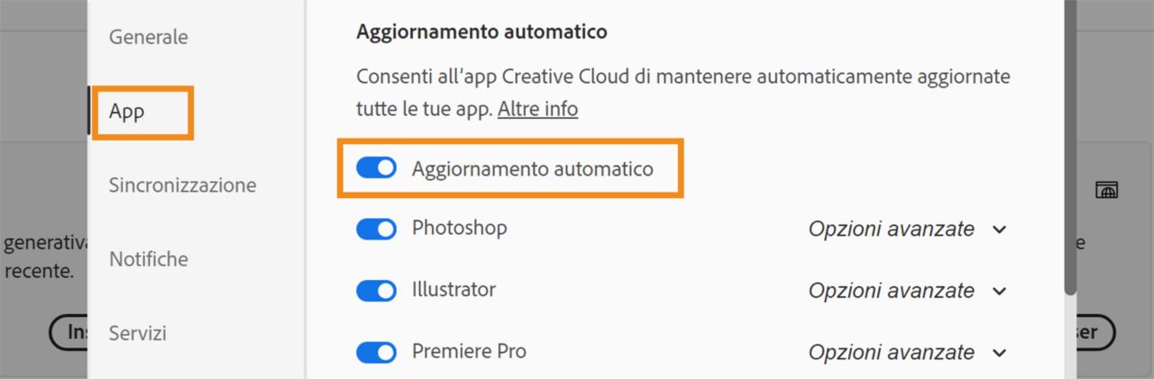 La finestra di dialogo Preferenze è aperta con le opzioni App e Aggiornamento automatico evidenziate.  Abilita l’opzione di aggiornamento automatico per aggiornare automaticamente le app Beta.