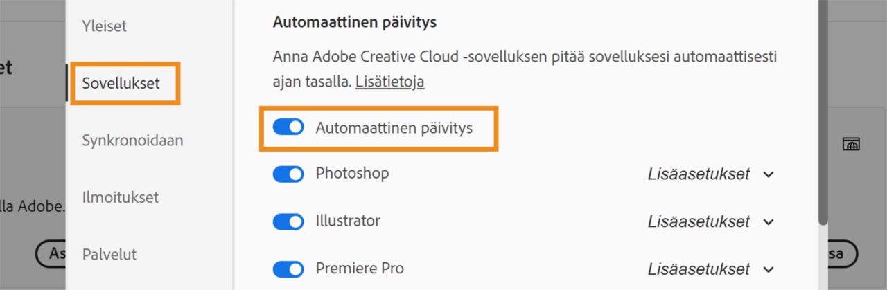 Asetukset-valintaikkuna on auki ja vaihtoehdot Sovellukset ja Automaattinen päivitys ovat korostettuna.  Laita automaattinen päivitys päälle, jotta beetasovellukset päivittyvät automaattisesti.