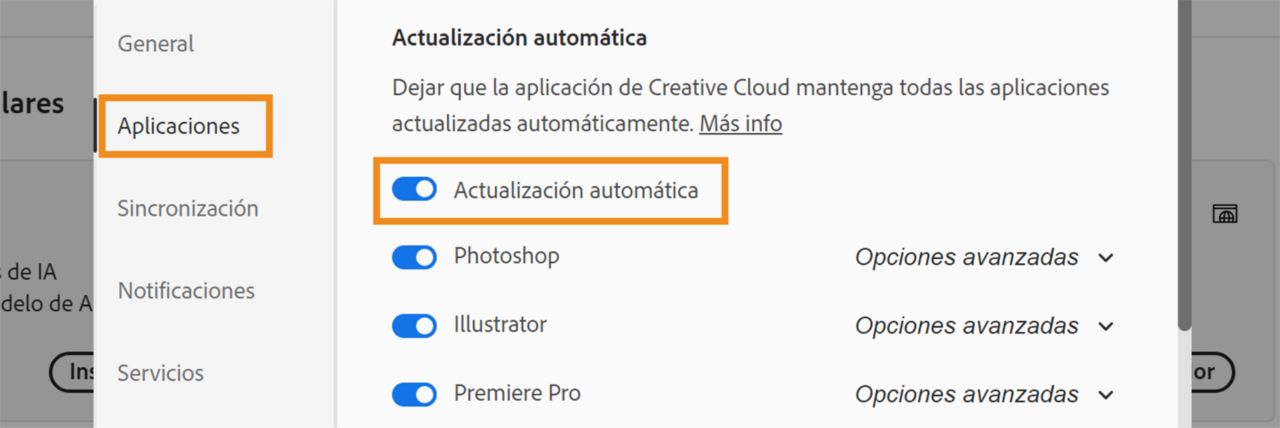 El cuadro de diálogo Preferencias está abierto con las opciones Aplicaciones y Actualización automática resaltadas.  Habilite la opción Actualización automática para actualizar automáticamente sus aplicaciones en versión Beta.