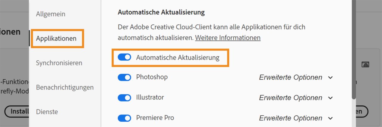 Das Dialogfeld Voreinstellungen mit den Optionen ist geöffnet, die Optionen „Apps“ und „Automatische Aktualisierung“ sind hervorgehoben.  Aktiviere die Option „Automatische Aktualisierung“, damit deine Beta-Anwendungen automatisch aktualisiert werden.