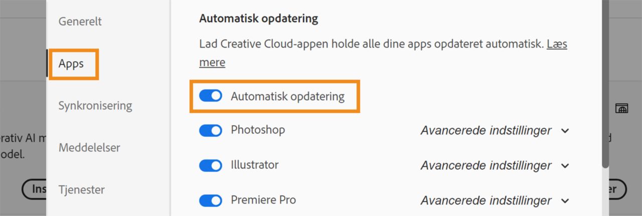 Dialogboksen Indstillinger er åben, og indstillingerne Apps og Opdater automatisk er markeret.  Angiv, at Beta-apps skal opdateres automatisk.