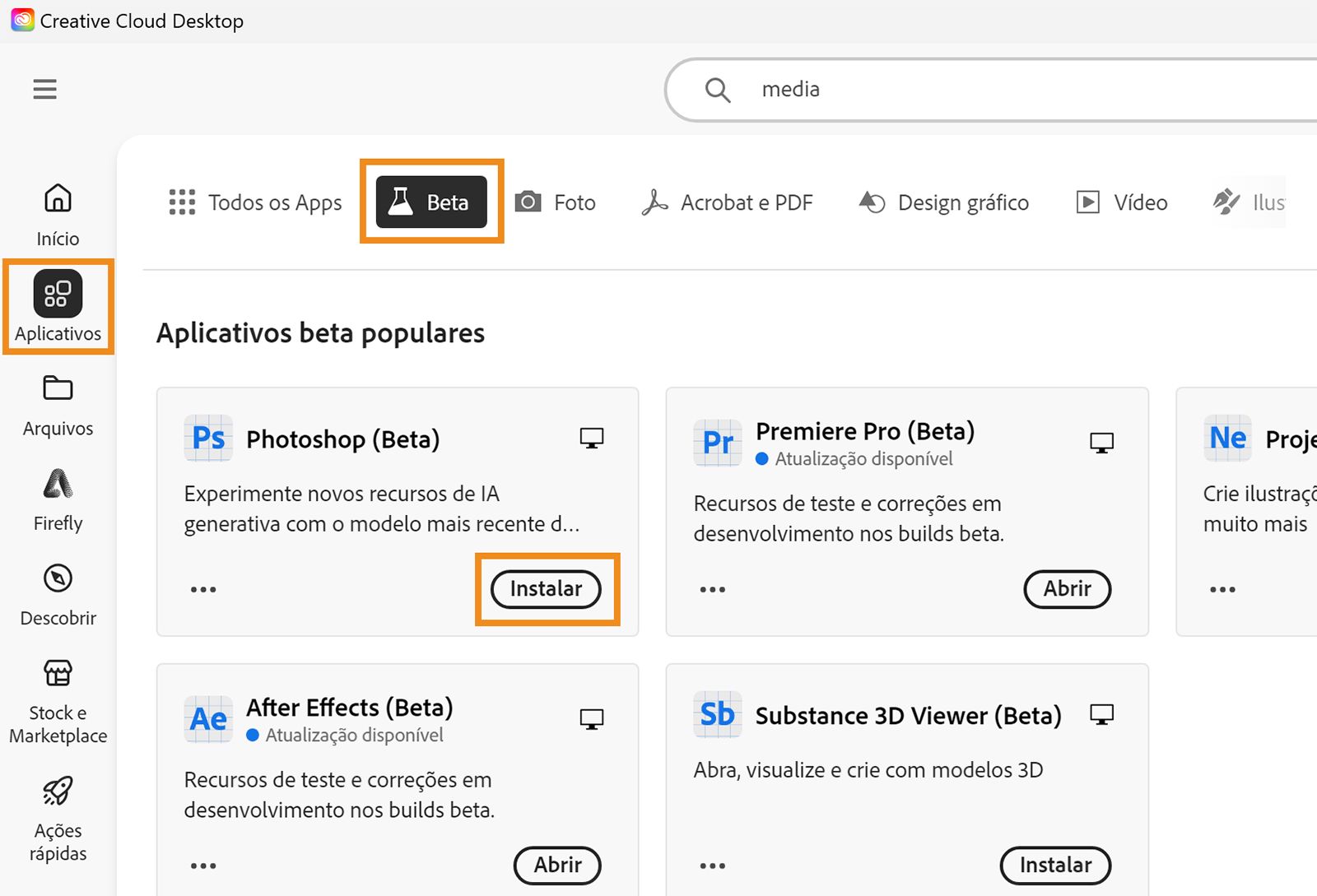 O aplicativo de desktop da Creative Cloud está aberto e as opções Aplicativos, Beta e Instalar estão destacadas. Selecione Instalar para seu aplicativo Beta para instalar o aplicativo. 