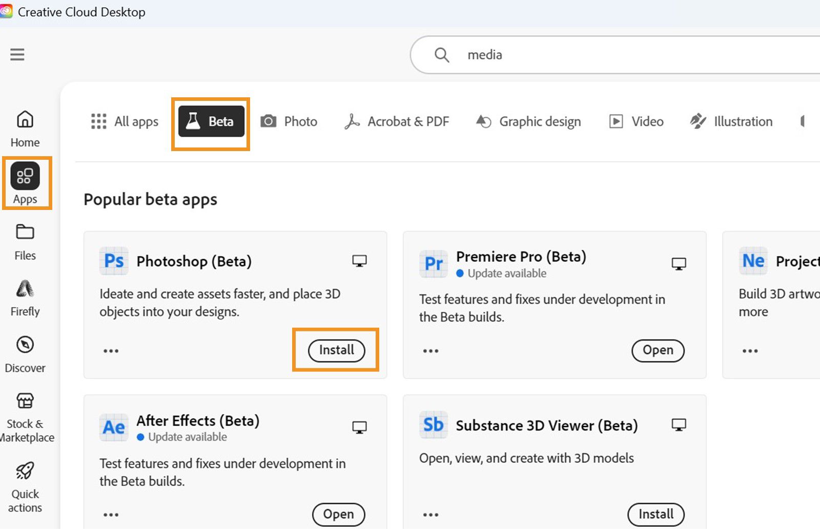 Aplicația desktop Creative Cloud este deschisă și opțiunile Aplicații, Beta și Instalare sunt evidențiate.  Selectați Instalare pentru aplicația Beta pentru a instala aplicația. 