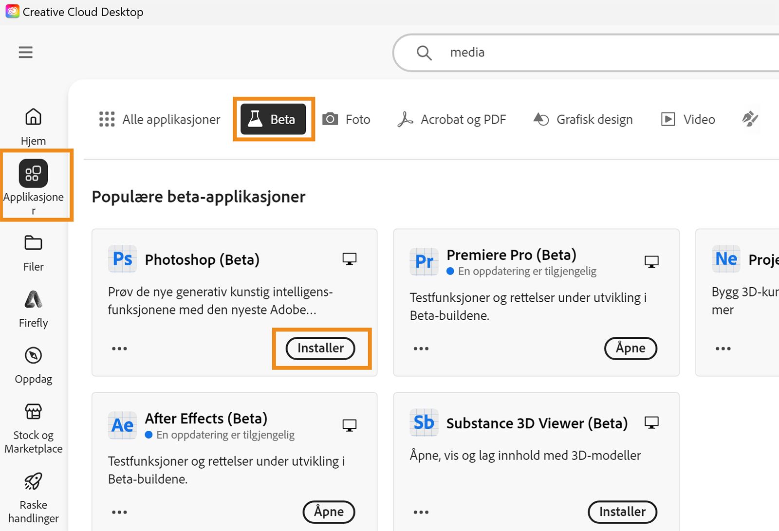 Creative Cloud skrivebordsapp er åpen, og alternativene Apper, Beta og Installer er uthevet. Velg Installer for betaappen for å installere appen. 