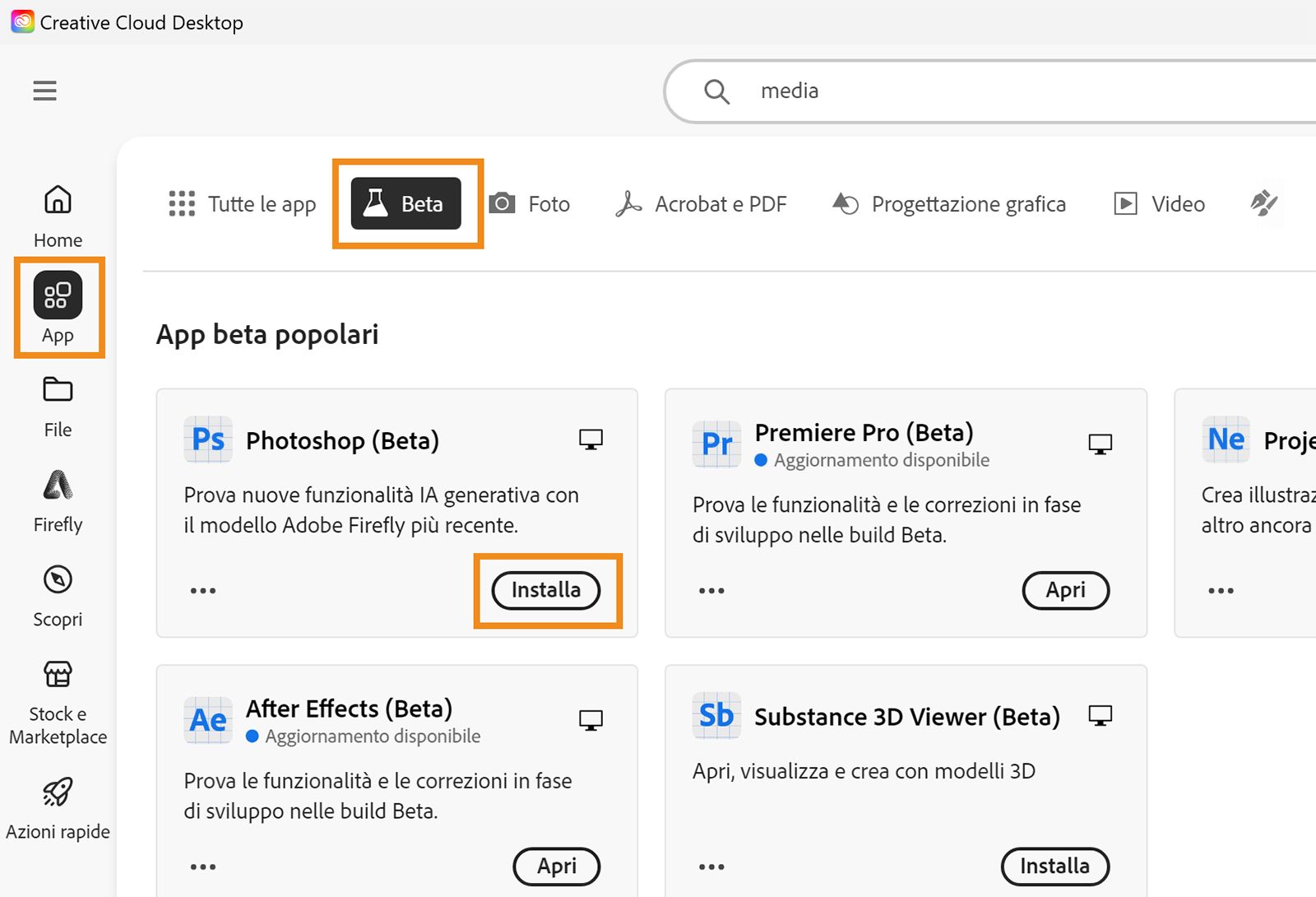 L’app Creative Cloud è aperta e le opzioni App, Beta e Installa sono evidenziate. Seleziona Installa per l’app Beta per installare l’applicazione. 