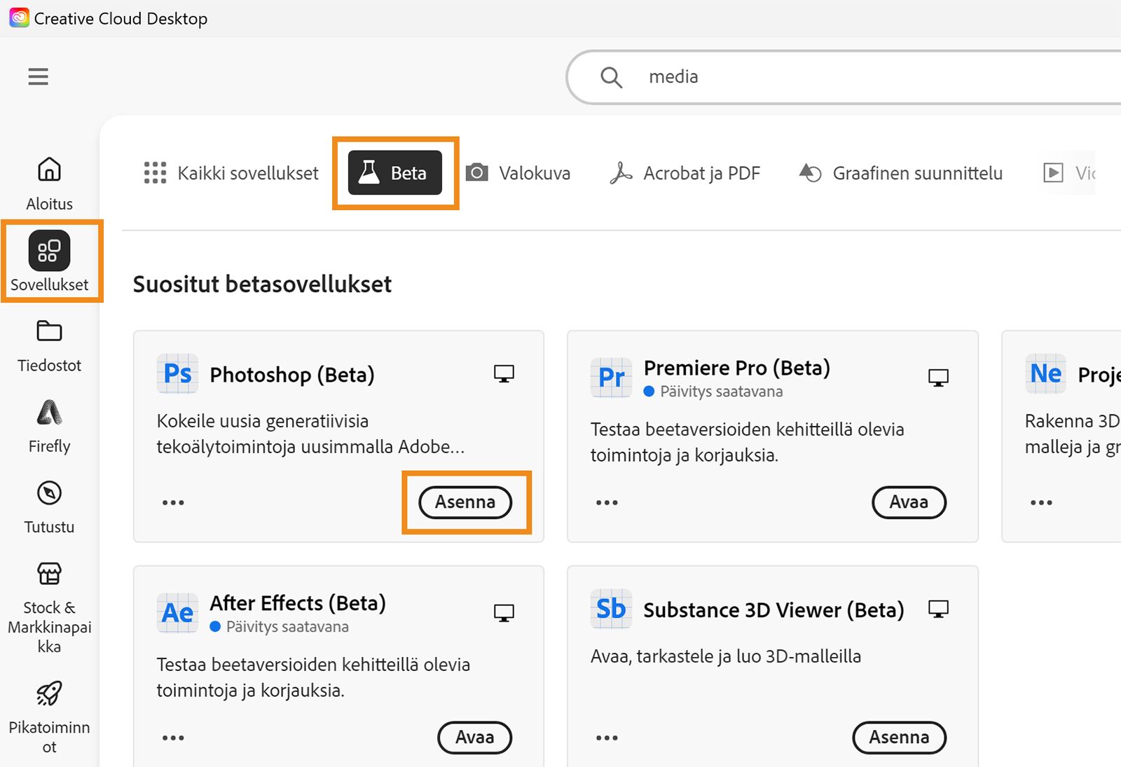 Creative Cloud -sovellus on avattu ja vaihtoehdot Sovellukset, Beta ja Asenna on korostettu. Asenna sovellus valitsemalla asennettavan beetasovelluksen kohdalta Asenna. 