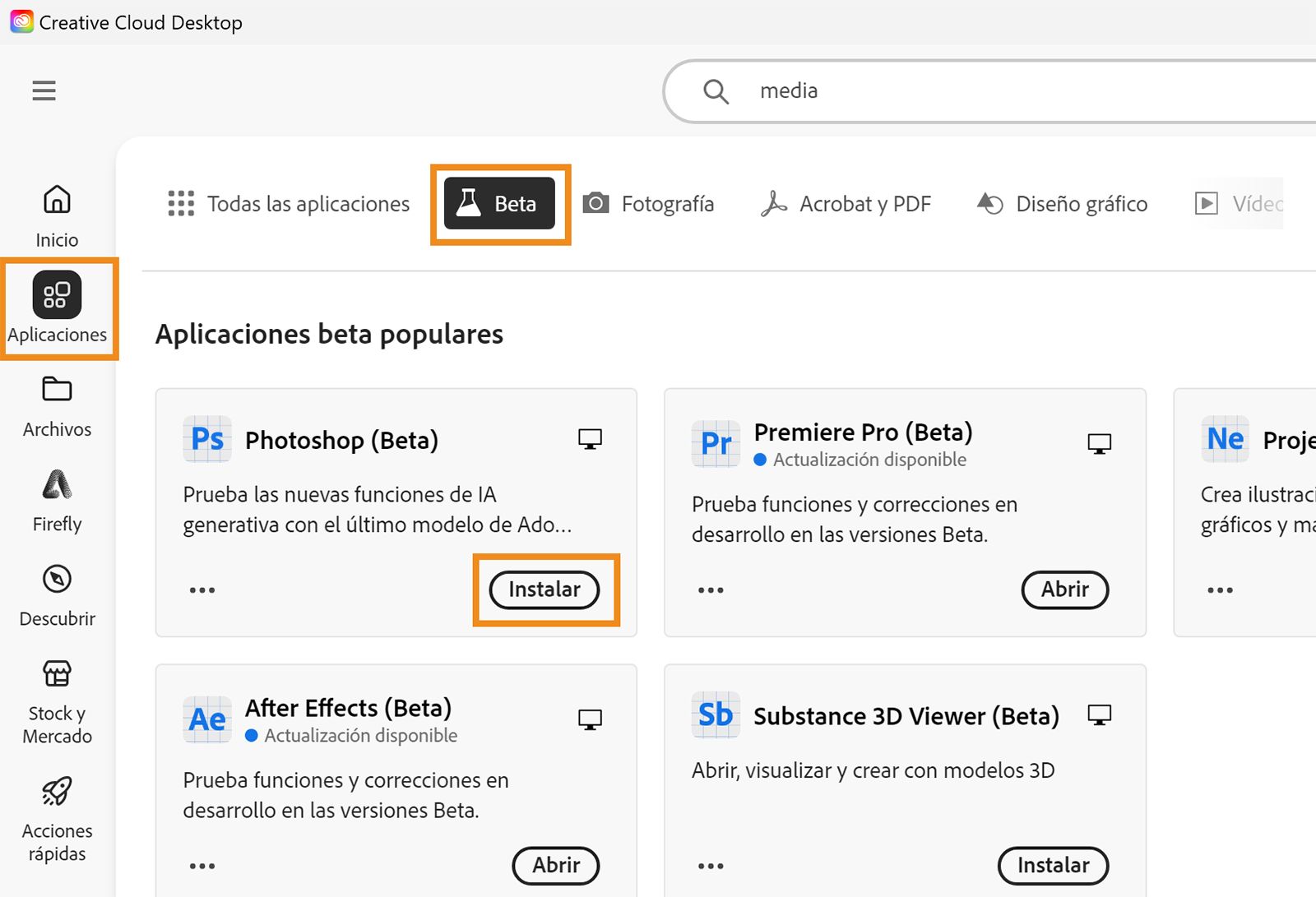 La aplicación de escritorio de Creative Cloud está abierta y las opciones Aplicaciones, Beta e Instalar están resaltadas. Seleccione Instalar para su aplicación en versión Beta para instalar la aplicación. 