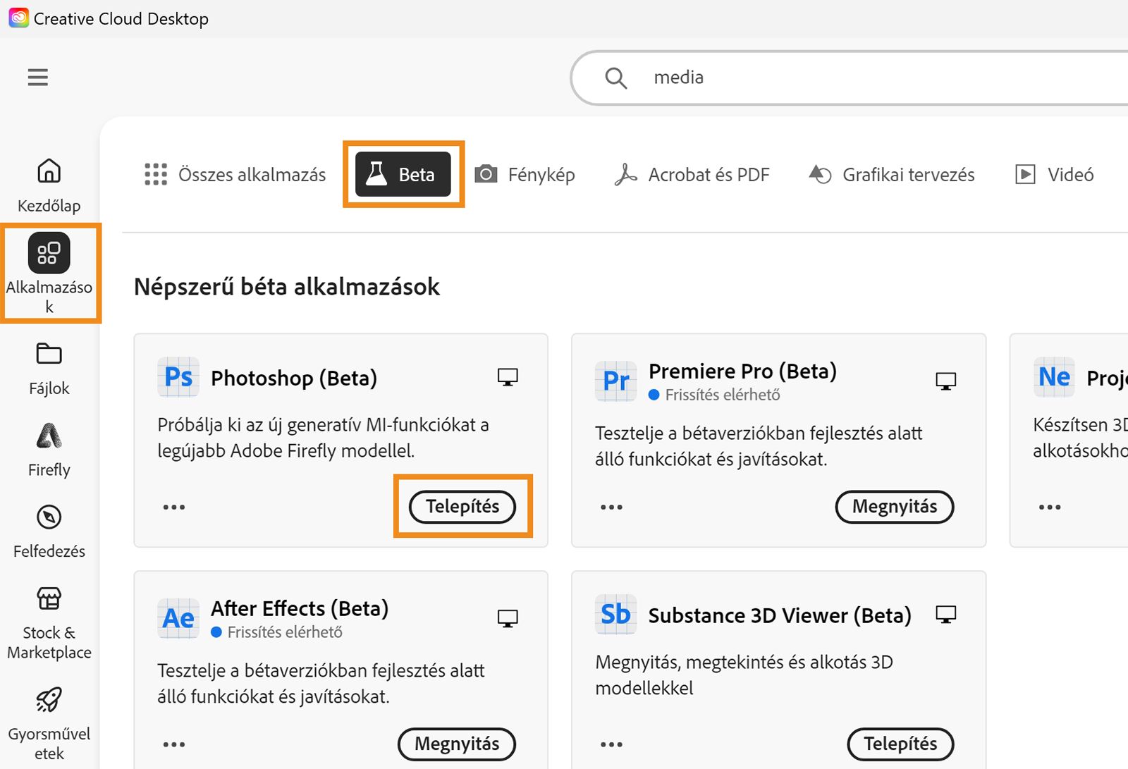 Megnyílt a Creative Cloud asztali alkalmazás, és az Alkalmazások, a Béta és a Telepítés opciók kiemelten jelennek meg. Az alkalmazás telepítéséhez válassza a bétaalkalmazás telepítése lehetőséget. 