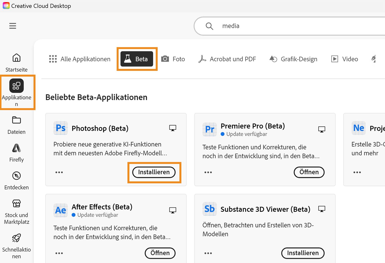 Der Creative Cloud-Client wurde gestartet, die Optionen für Anwendungen, Beta und Installieren sind hervorgehoben. Wähle Installieren für deine Beta-Anwendung, um diese zu installieren. 