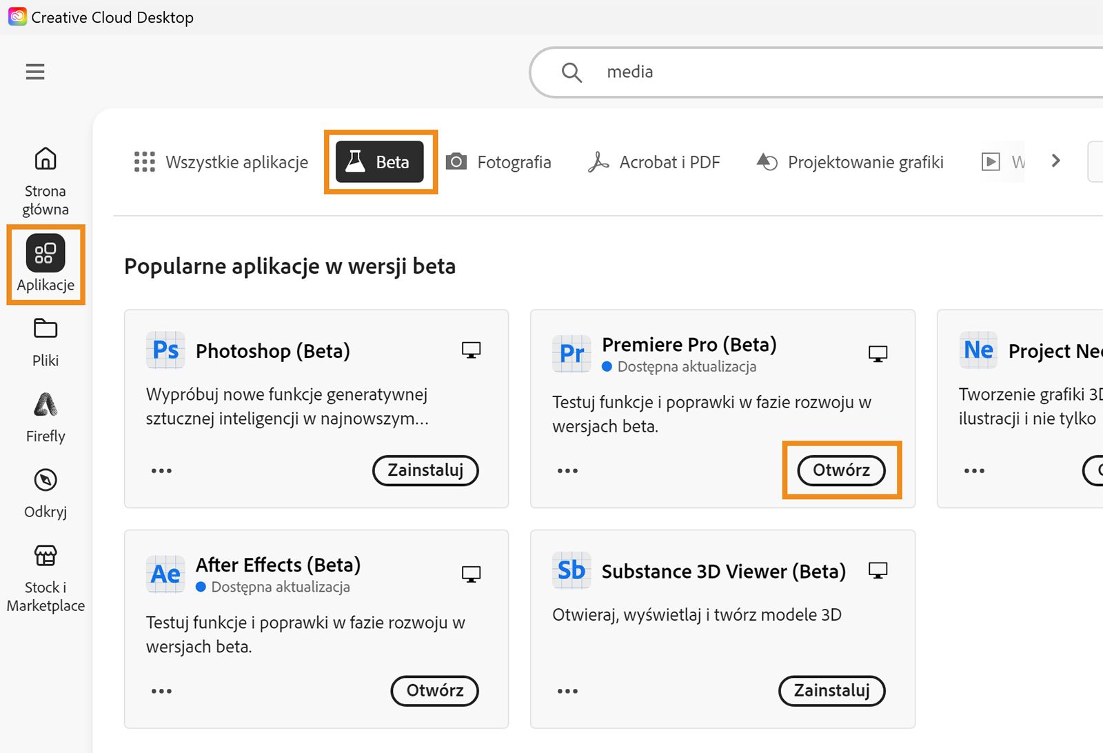 Konsola Creative Cloud jest otwarta, a opcje Aplikacje, Beta i Otwórz są podświetlone. Wybierz opcję Otwórz, aby otworzyć aplikację Beta. 