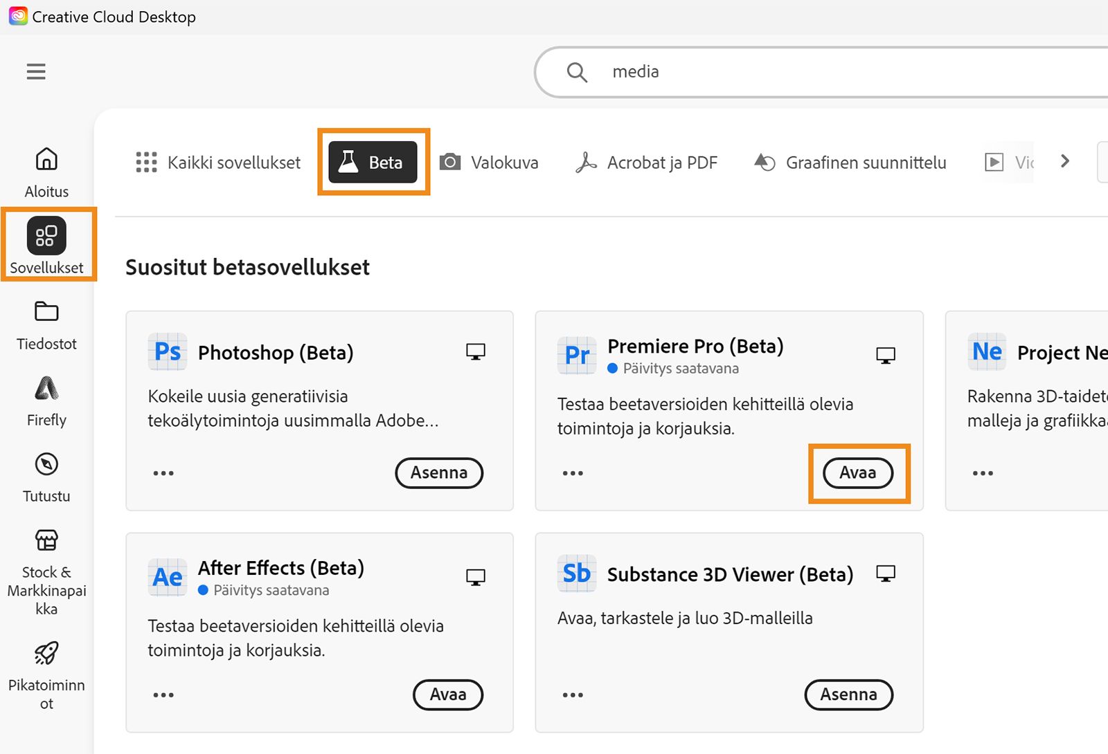 Creative Cloud -sovellus on avattu ja vaihtoehdot Sovellukset, Beta ja Avaa on korostettu. Avaa beetasovellus valitsemalla Avaa. 