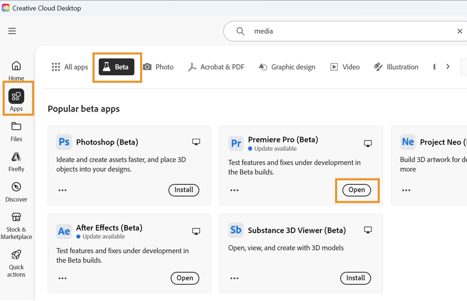 تطبيق Creative Cloud لسطح مفتوح ويتم تمييز الخيارات التطبيقات وBeta وفتح. حدد &quot;فتح&quot; لفتح تطبيق Beta. 