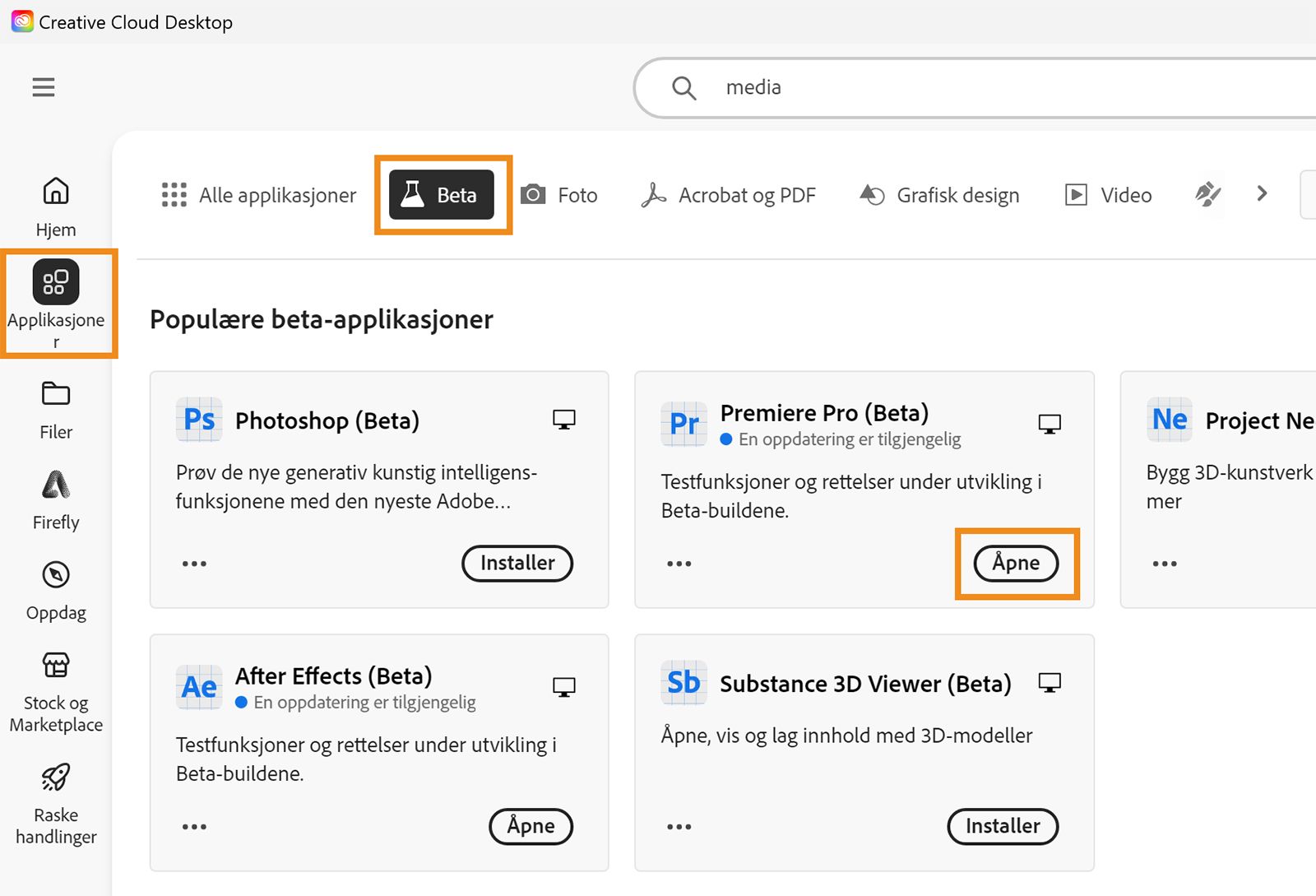 Creative Cloud skrivebordsapp er åpen, og alternativene Apper, Beta og Åpne er uthevet. Velg Åpne for å åpne betaappen. 