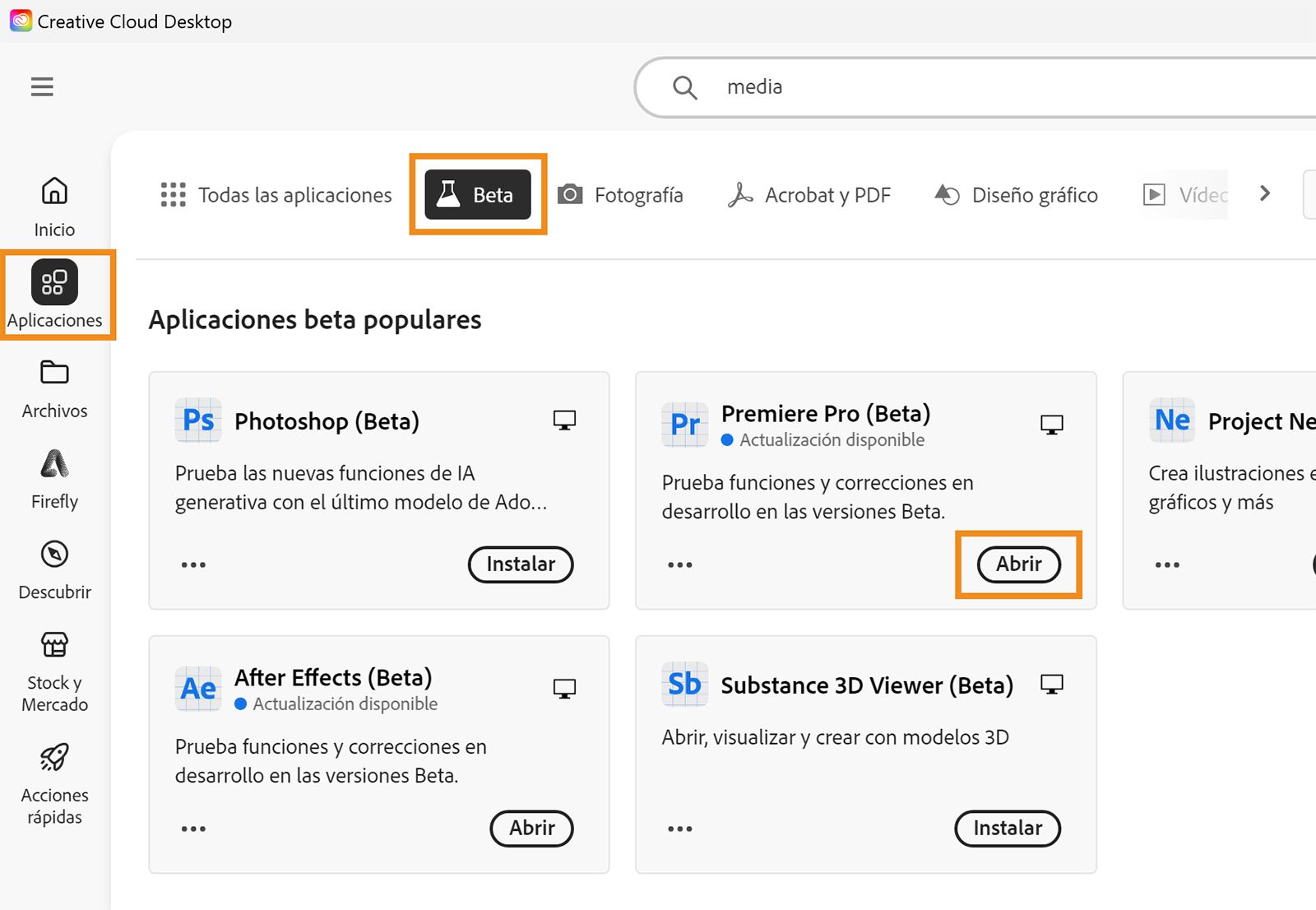 La aplicación de escritorio de Creative Cloud está abierta y las opciones Aplicaciones, Beta y Abrir están resaltadas. Seleccione Abrir para abrir la aplicación en versión Beta. 