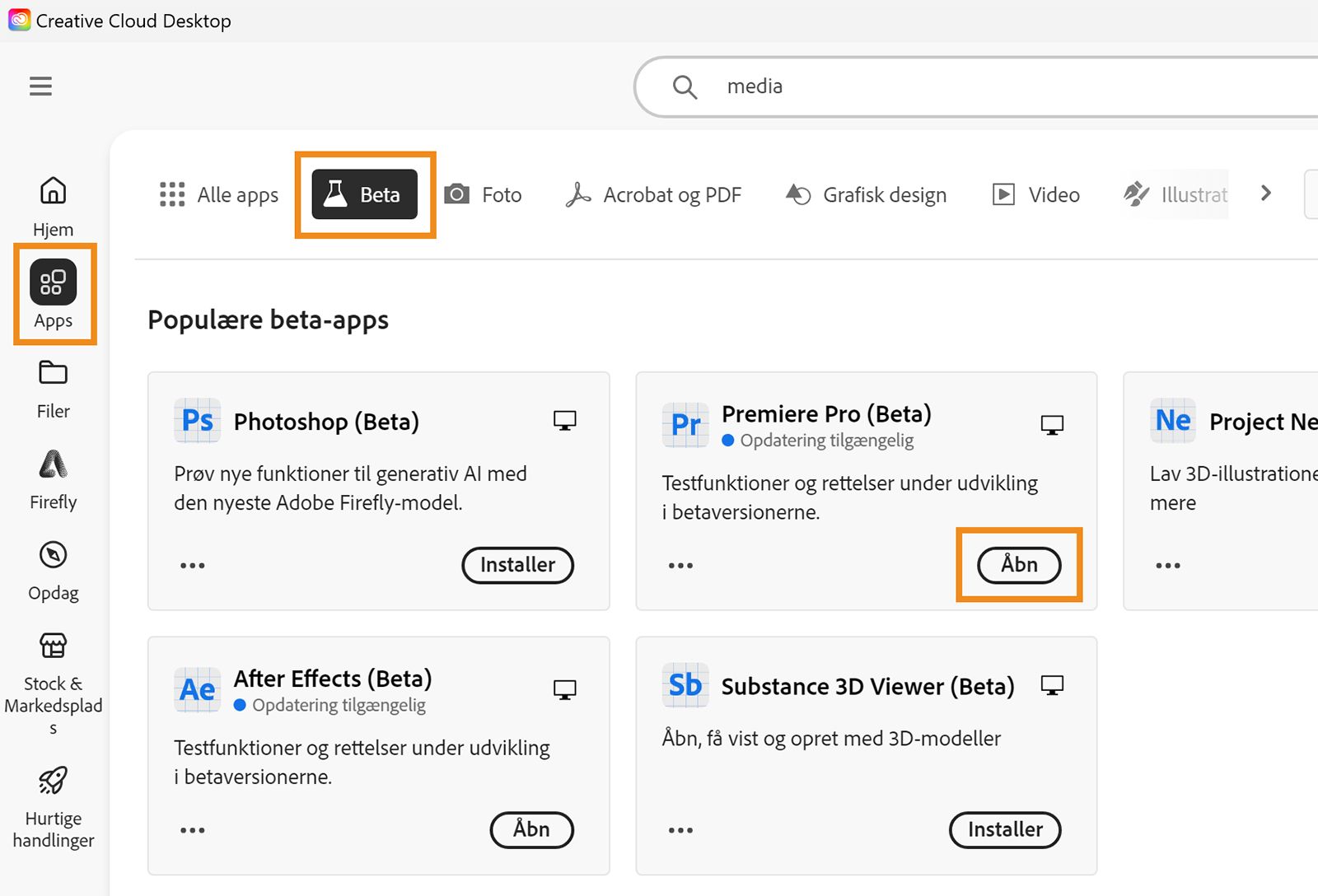 Creative Cloud-appen er åben, og indstillingerne Apps, Beta og Åbn er markeret. Vælg Åbn for at åbne Beta-appen. 