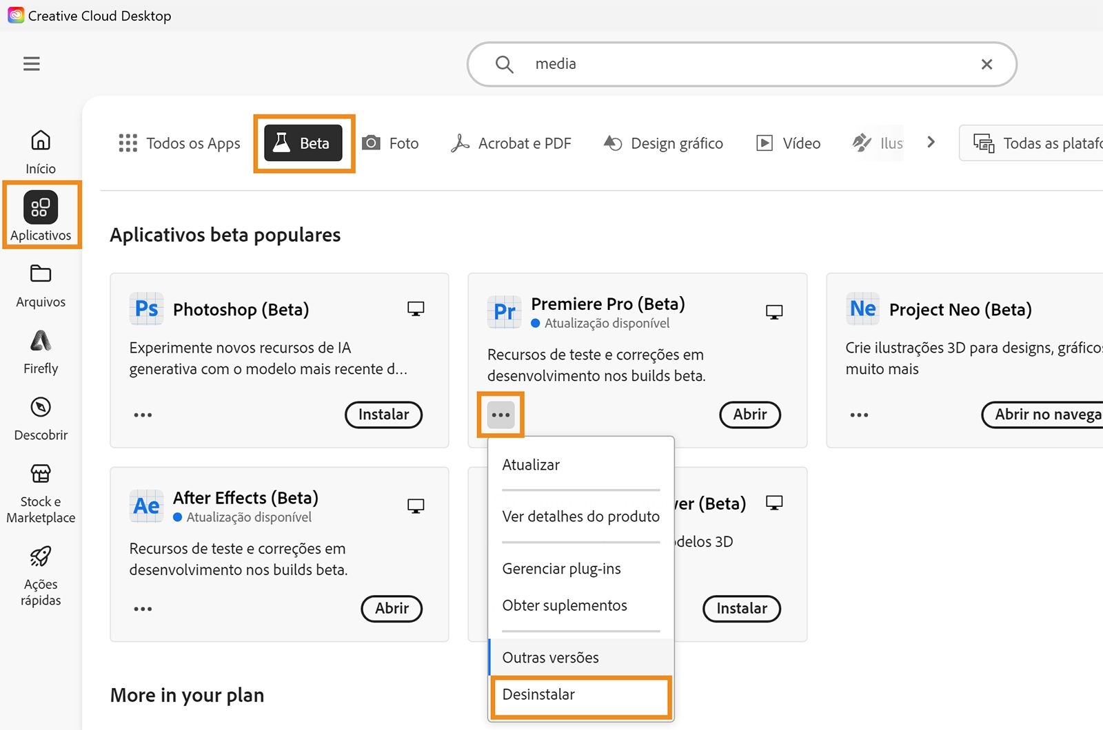 O aplicativo de desktop da Creative Cloud está aberto e as opções Aplicativos, Beta e Desinstalar estão destacadas. Selecione Uninstall (Desinstalar) do aplicativo Beta que você deseja excluir.