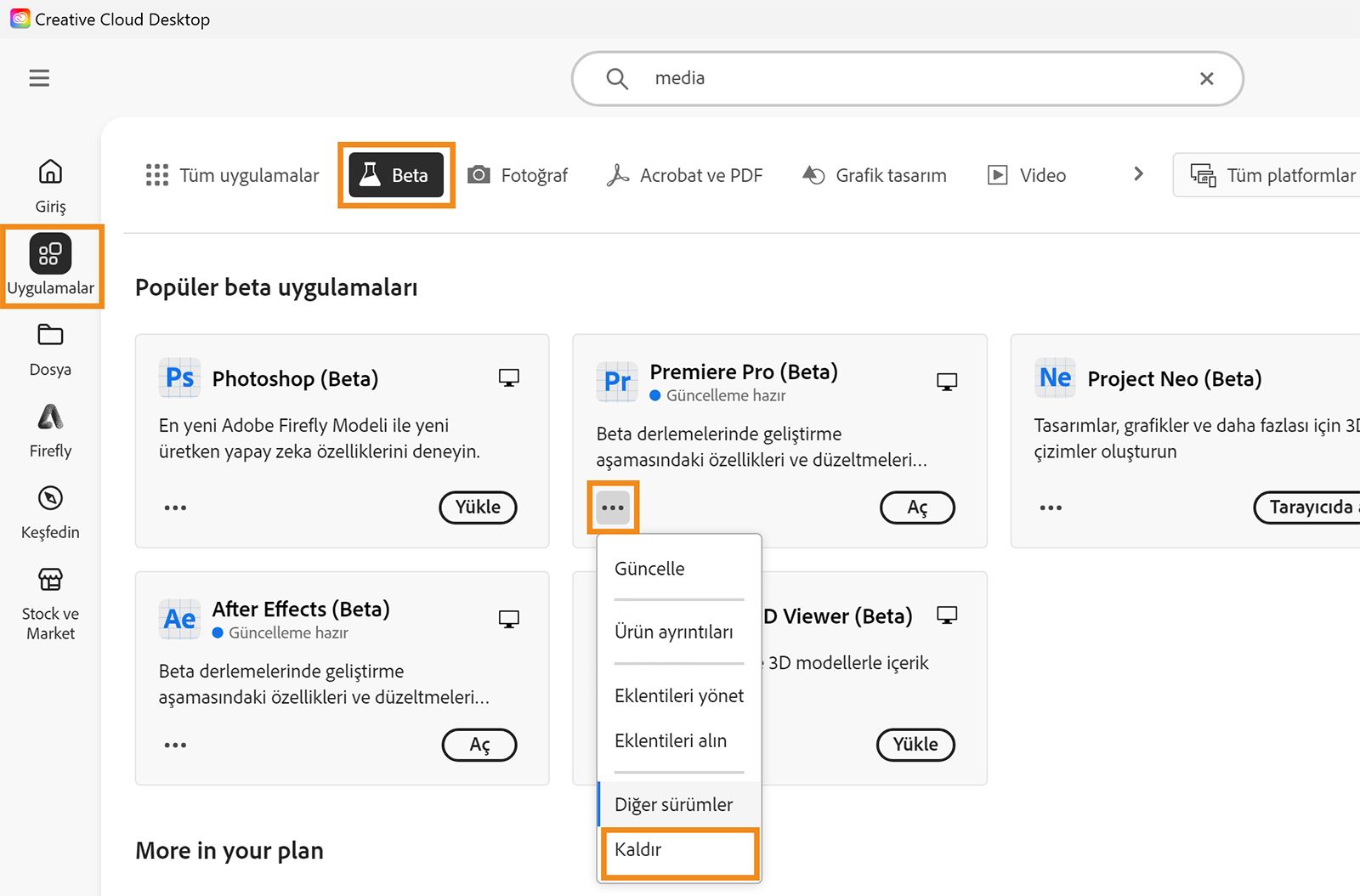 Creative Cloud masaüstü uygulaması açılır, Uygulamalar, Beta ve Kaldır seçenekleri vurgulanır. Silmek istediğiniz Beta uygulamasının Kaldır öğesini seçin.