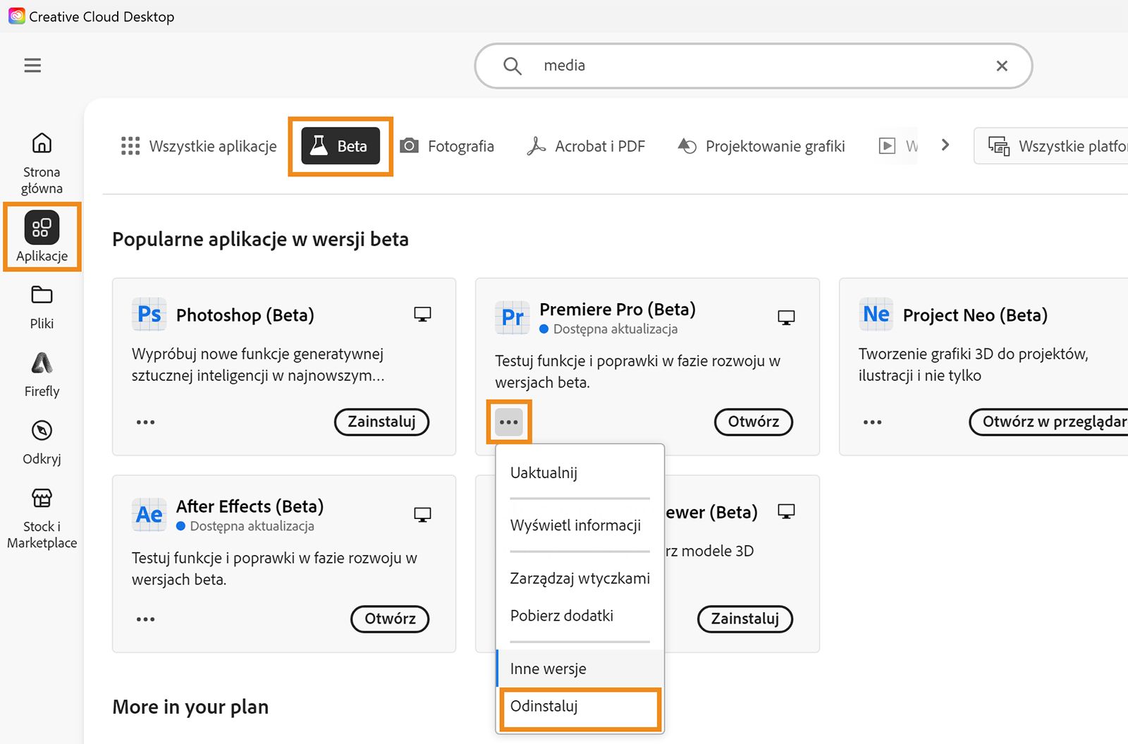 Konsola Creative Cloud jest otwarta, a opcje Aplikacje, Beta i Odinstaluj są podświetlone. Wybierz opcję Odinstaluj dla aplikacji w wersji Beta, którą chcesz odinstalować.